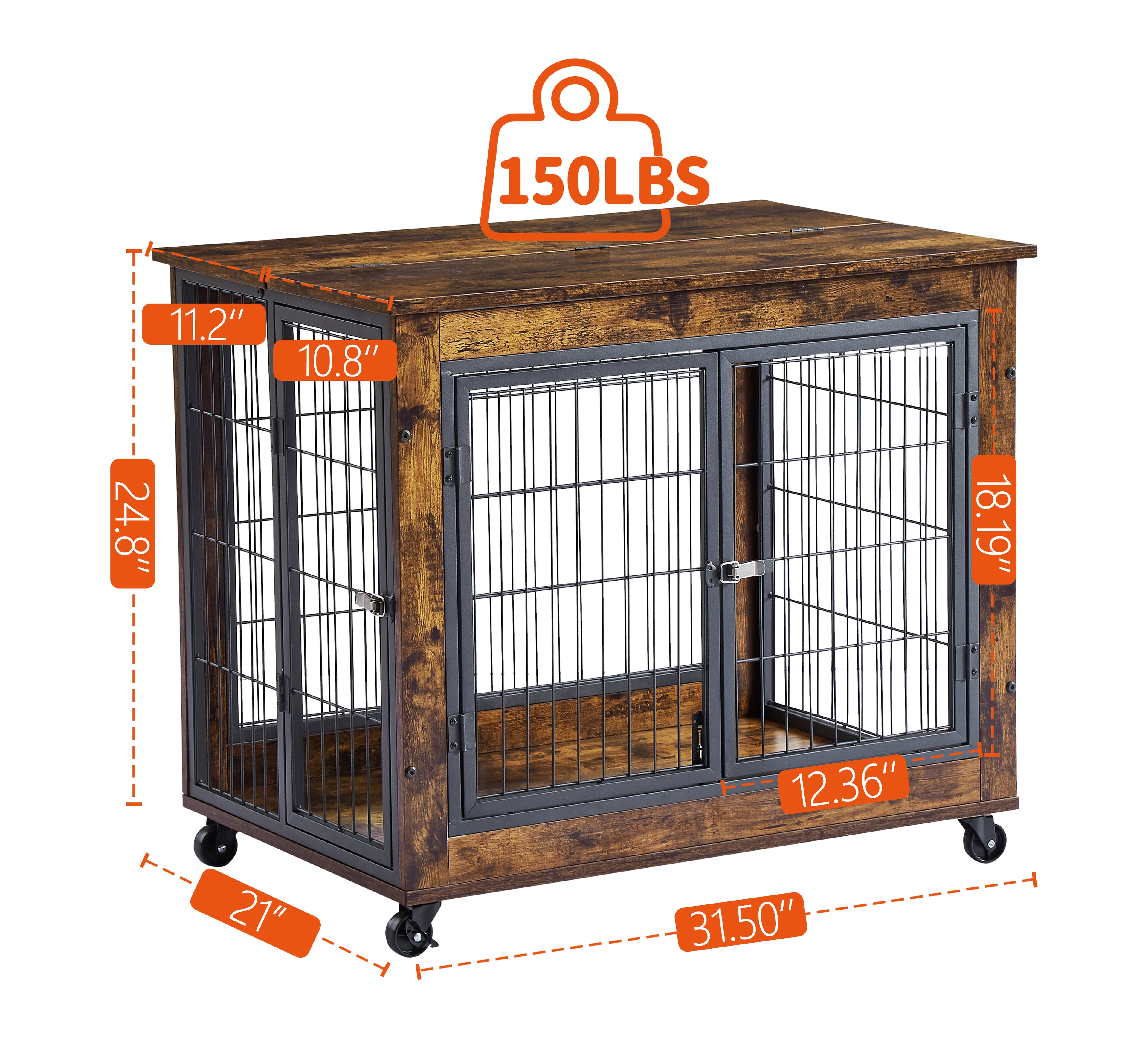 Rustic Brown Furniture Style Dog Crate with Wheels