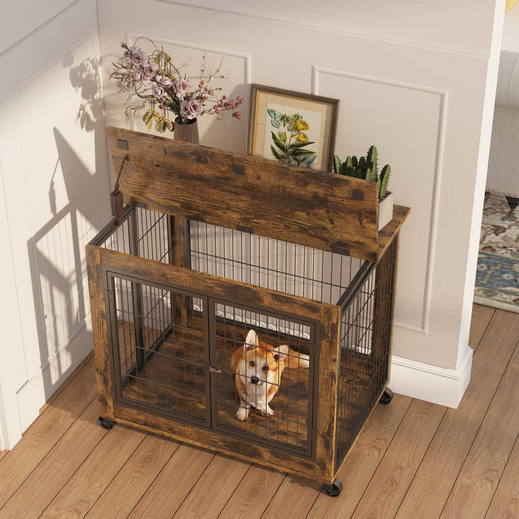 Rustic Brown Furniture Style Dog Crate with Wheels
