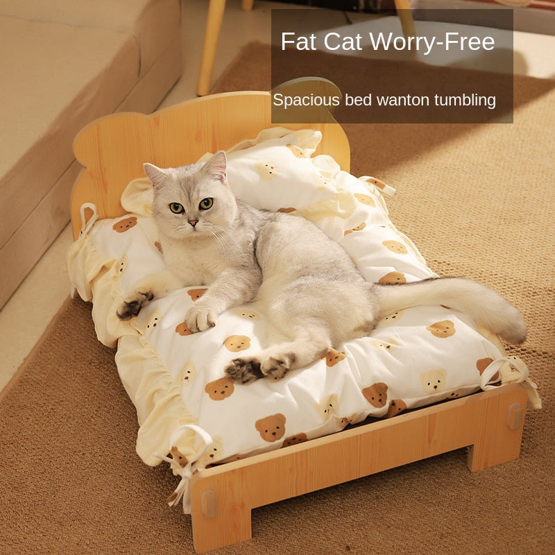 Wooden Cat Bed with Cozy Removable Cushion