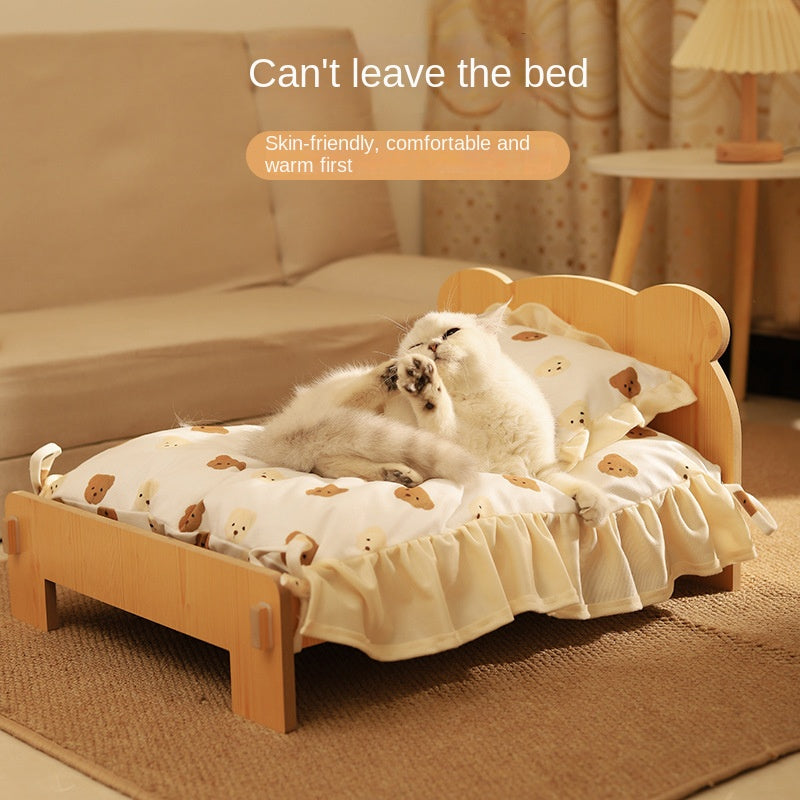 Wooden Cat Bed with Cozy Removable Cushion