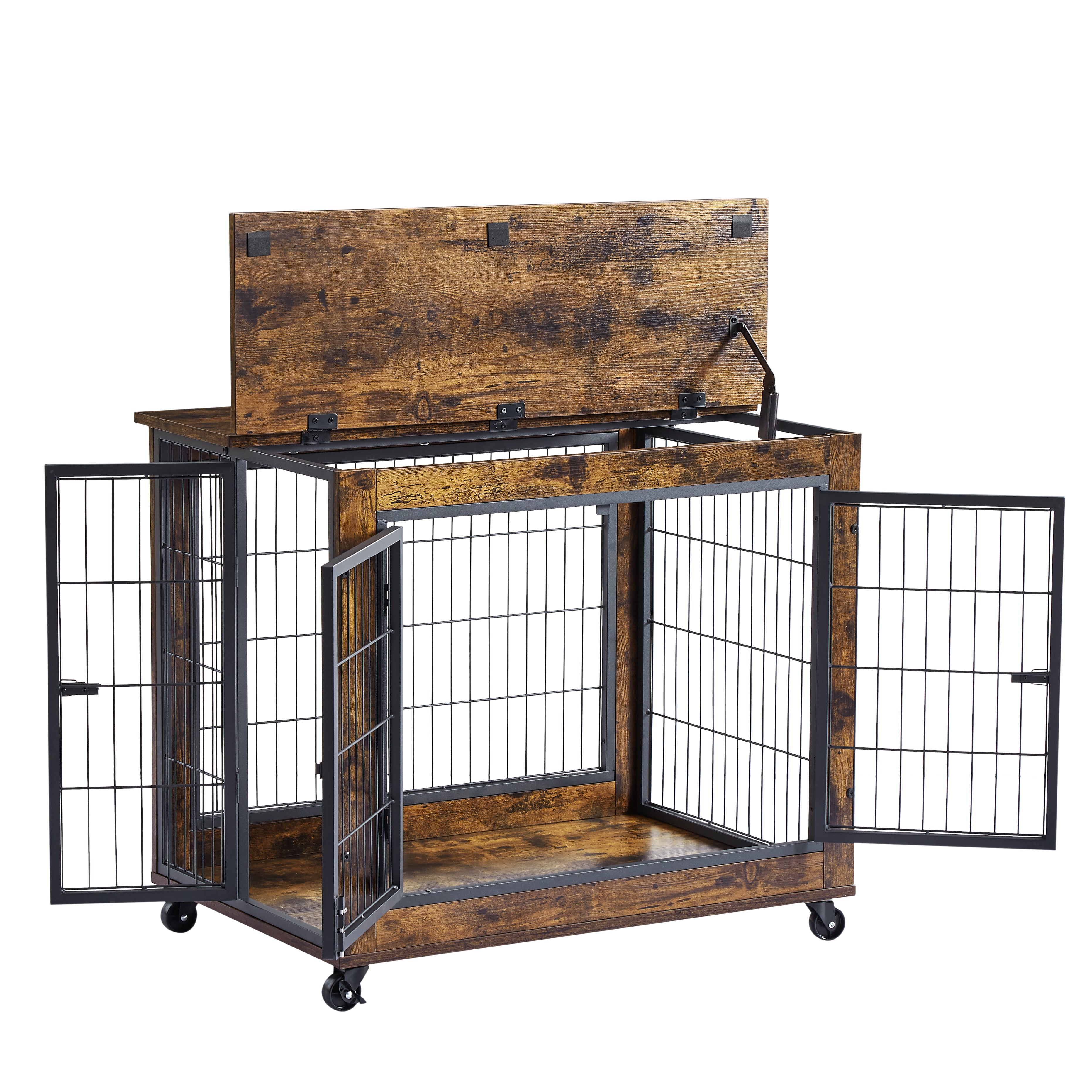 Rustic Brown Furniture Style Dog Crate with Wheels