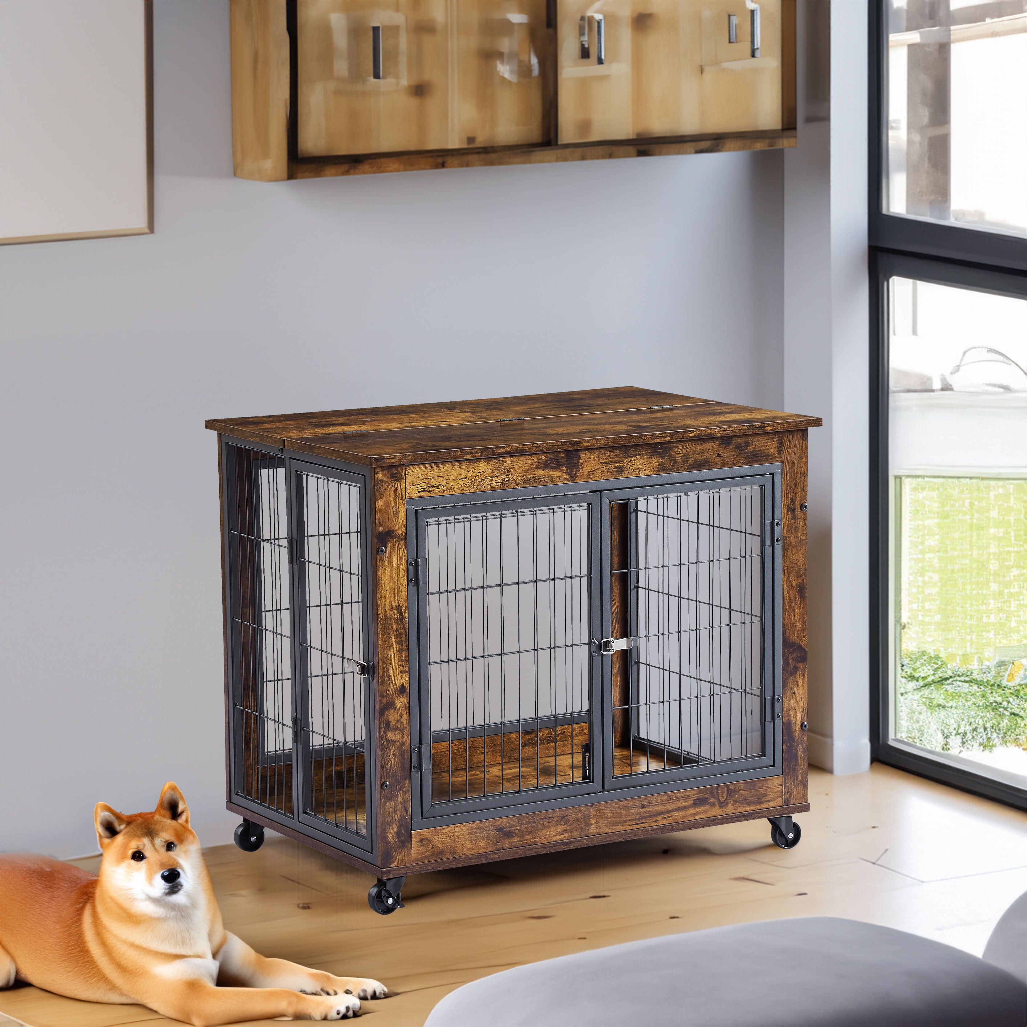 Rustic Brown Furniture Style Dog Crate with Wheels