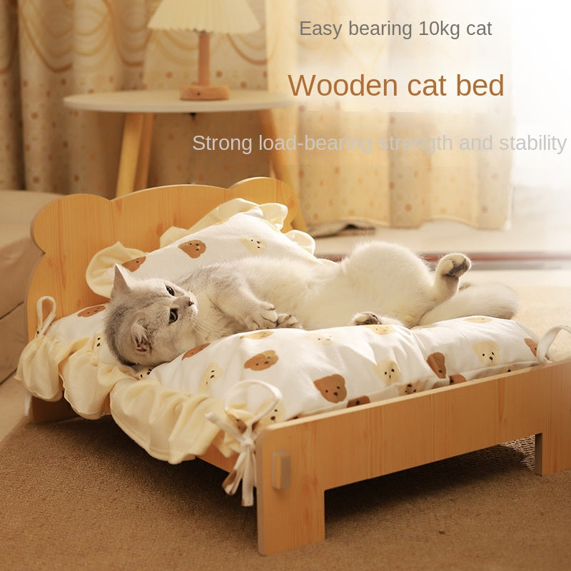 Wooden Cat Bed with Cozy Removable Cushion