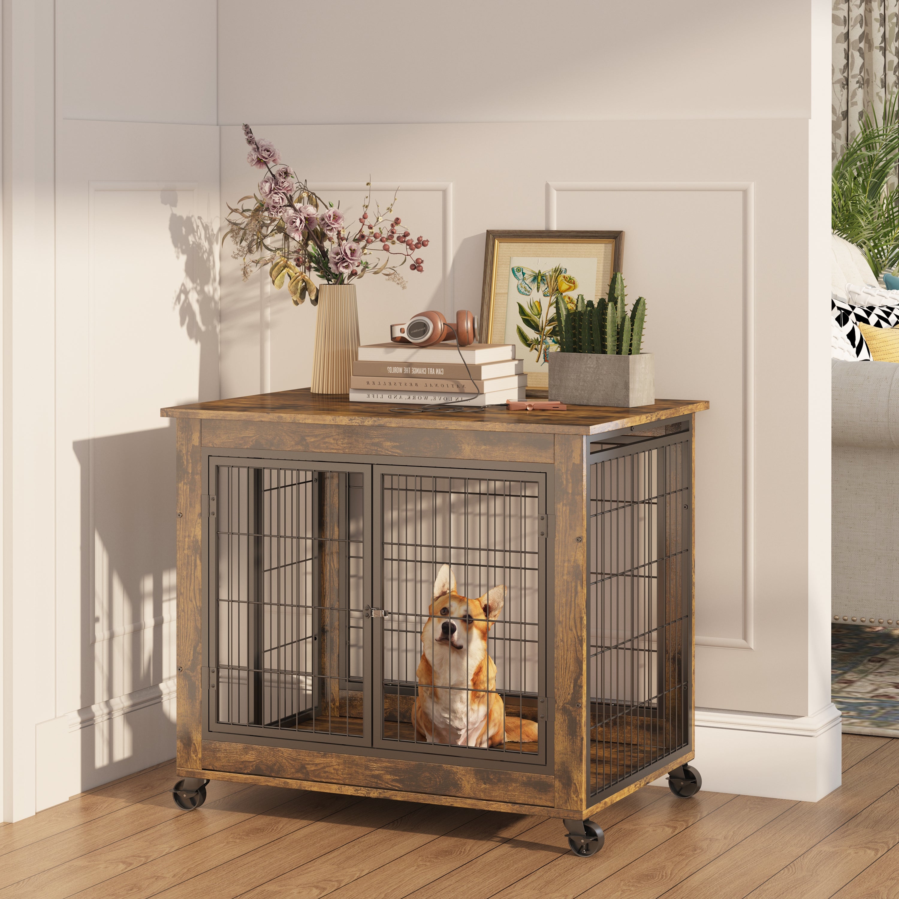 Rustic Brown Furniture Style Dog Crate with Wheels
