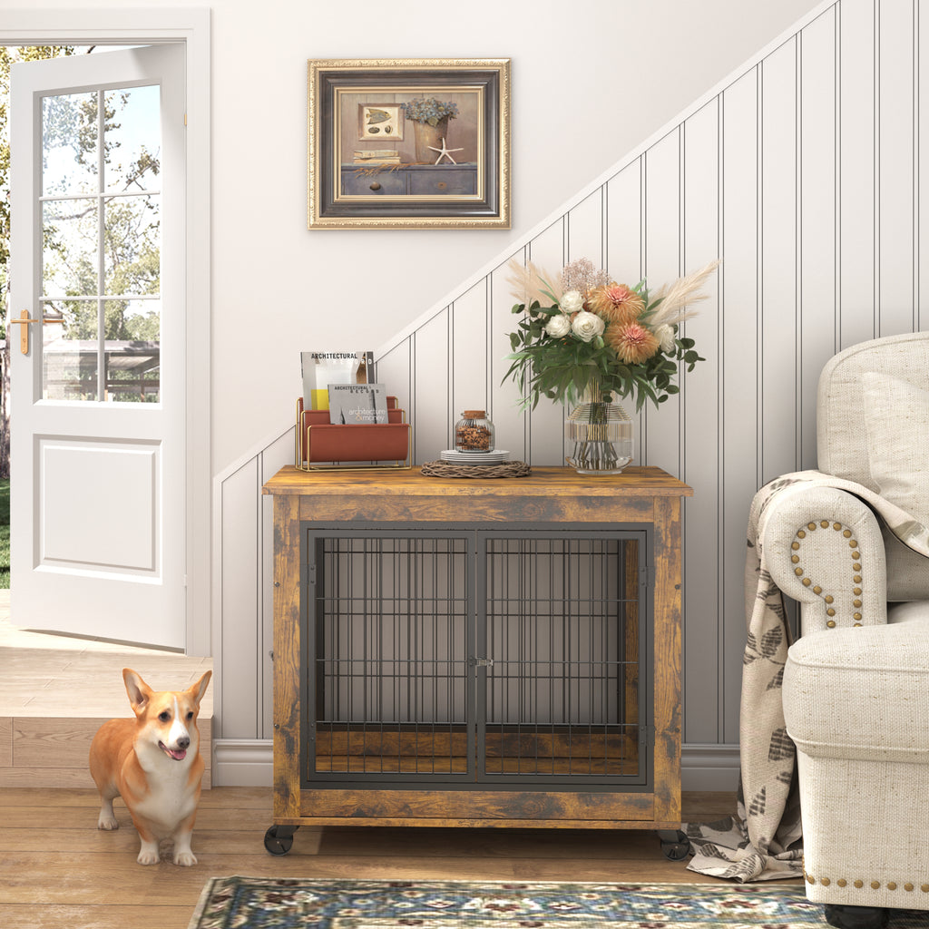 Rustic Brown Furniture Style Dog Crate with Wheels