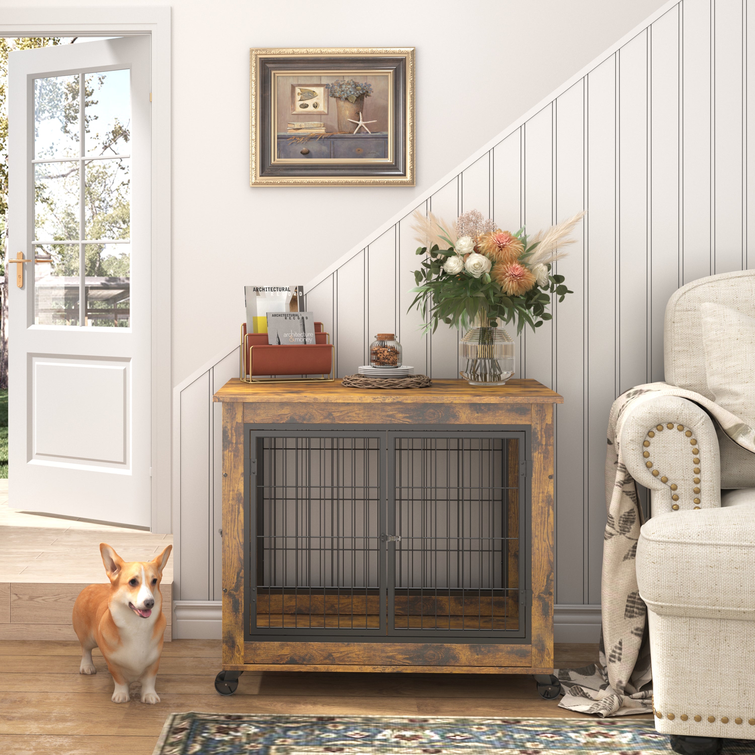 Rustic Brown Furniture Style Dog Crate with Wheels