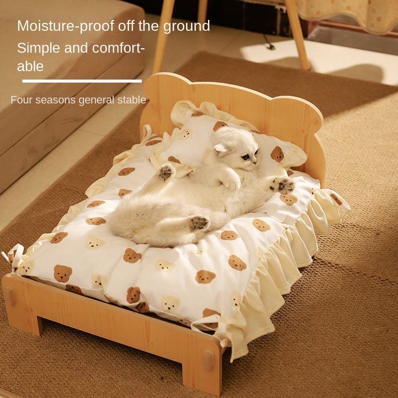 Wooden Cat Bed with Cozy Removable Cushion
