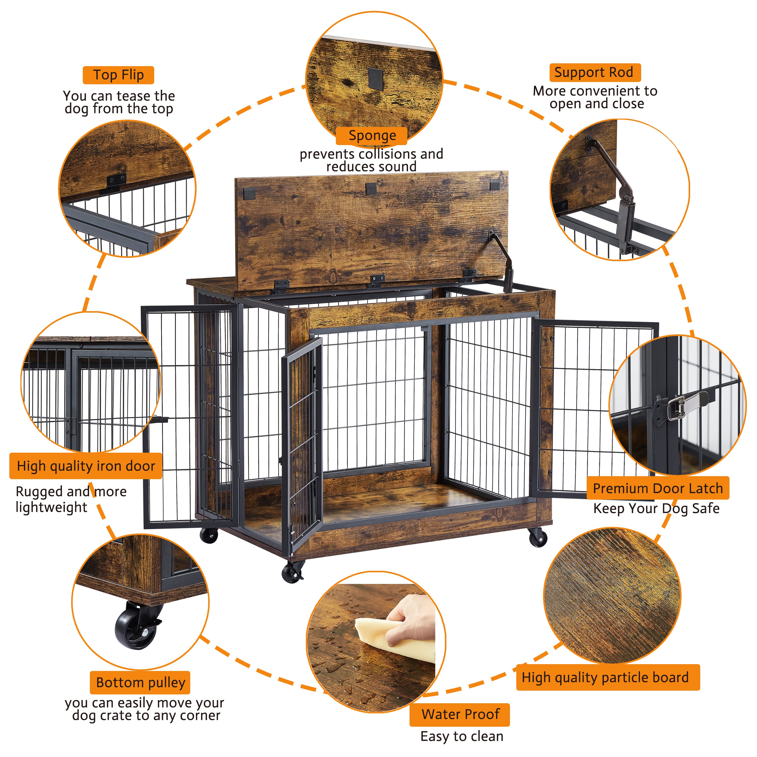 Rustic Brown Furniture Style Dog Crate with Wheels