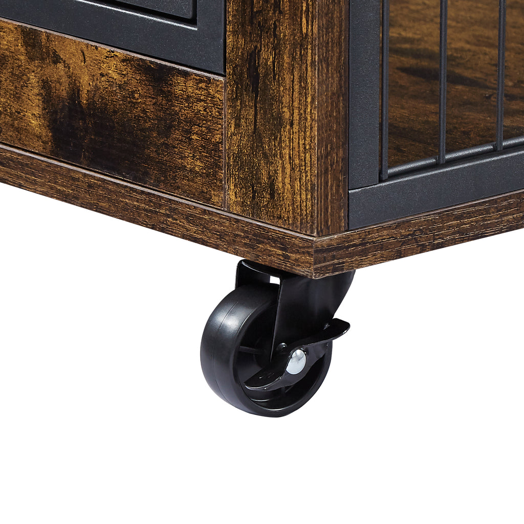 Rustic Brown Furniture Style Dog Crate with Wheels