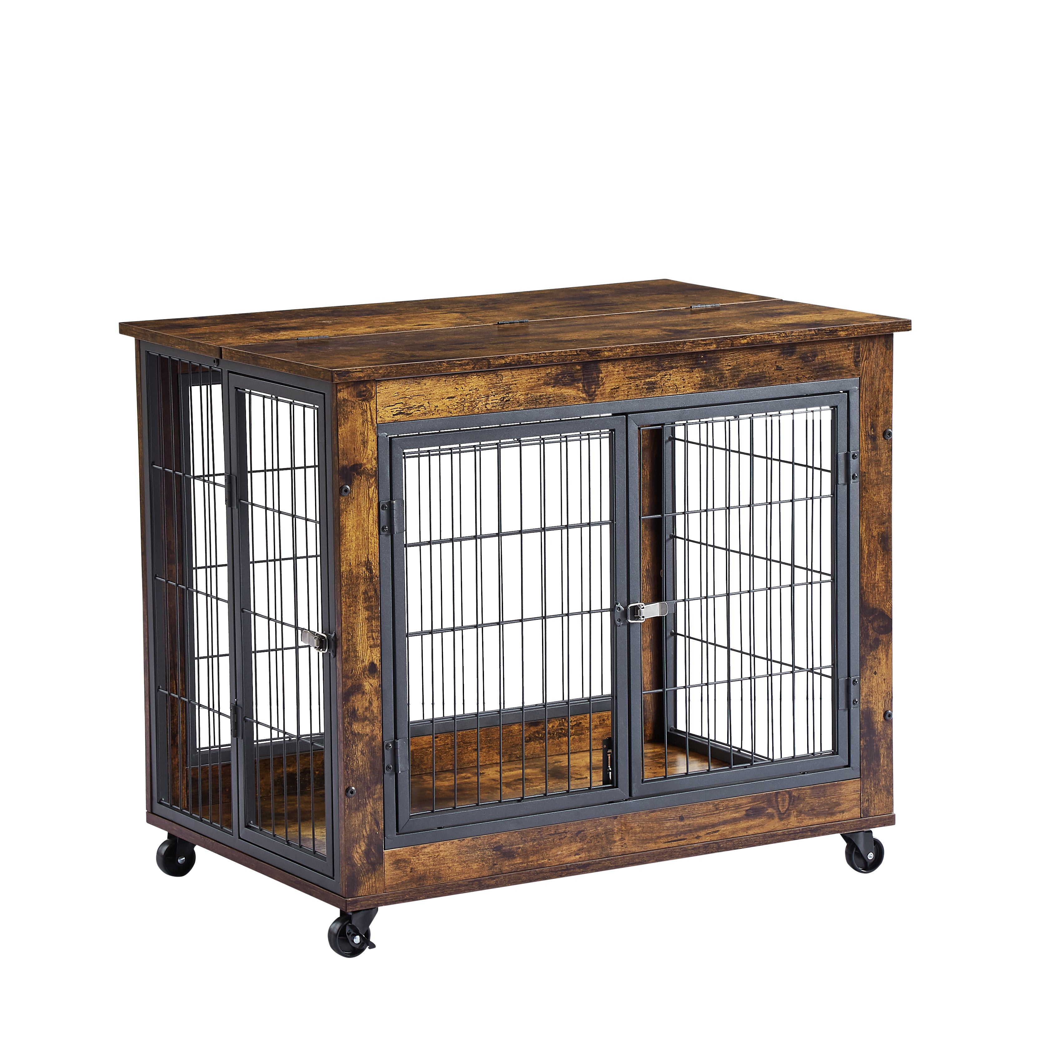 Rustic Brown Furniture Style Dog Crate with Wheels