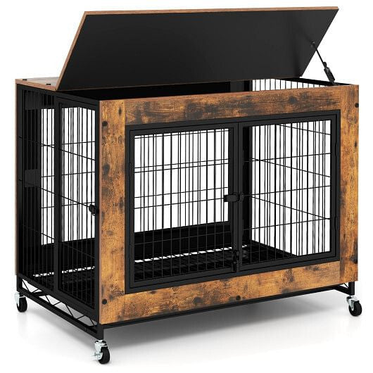 Dog crate with wooden frame and black metal bars on a white background
