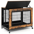 Dog crate with wooden frame and black metal bars on a white background