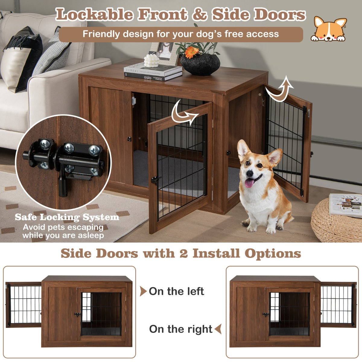 Luxury Walnut Dog Crate with Premium Cushion