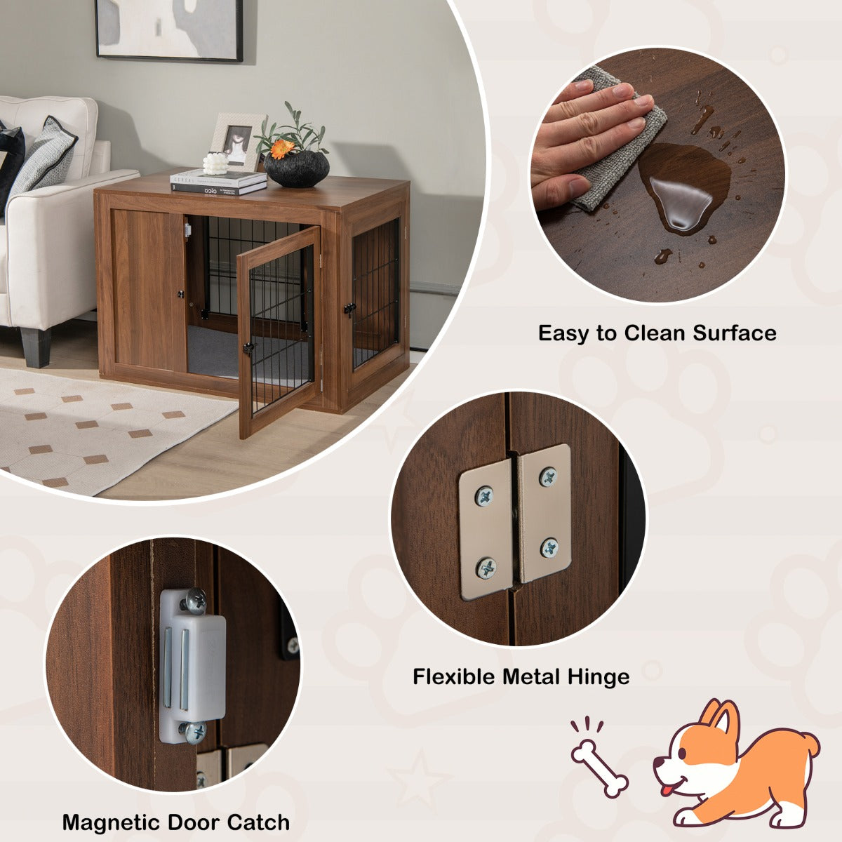 Luxury Walnut Dog Crate with Premium Cushion