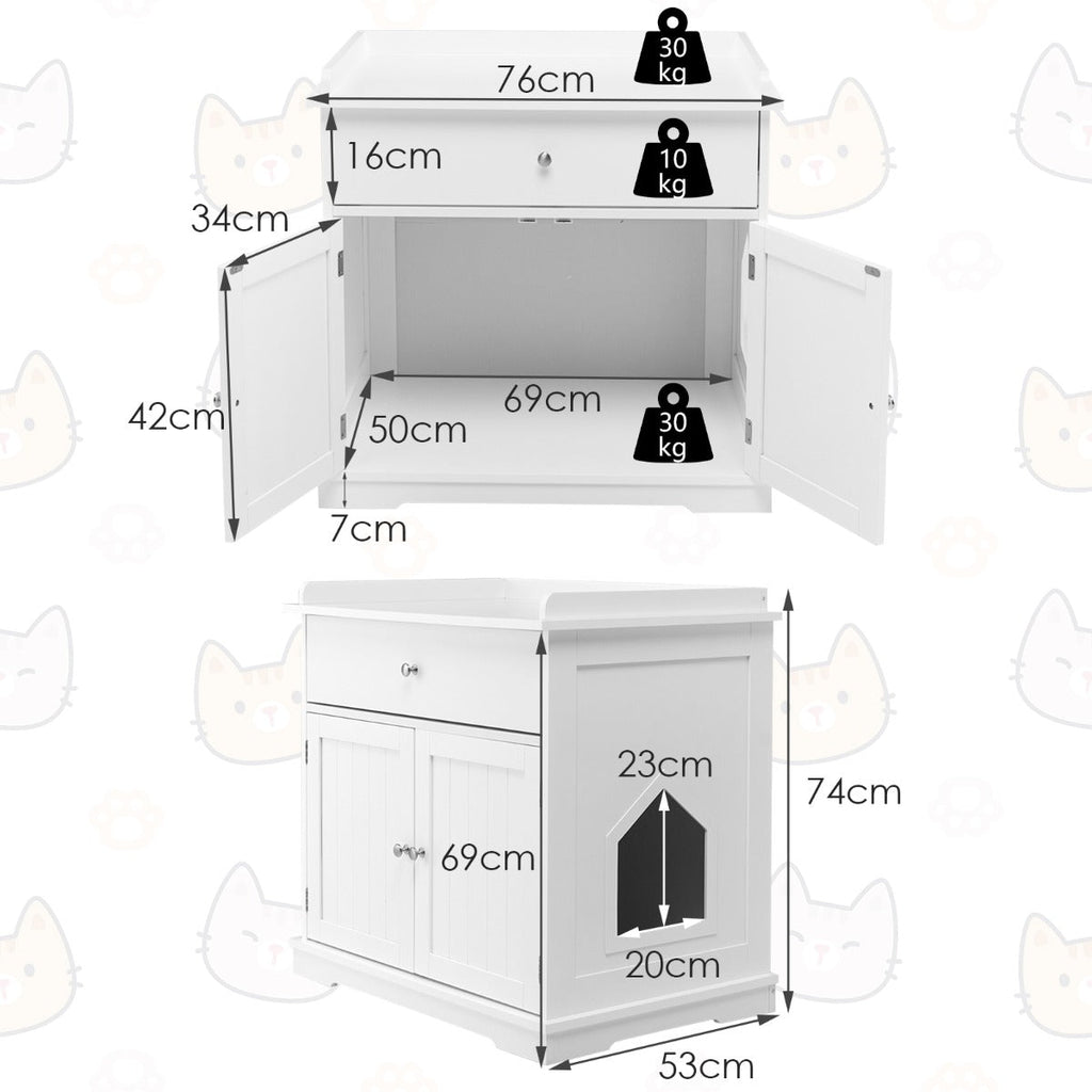 Modern White Cat Litter Box Cabinet with Drawer