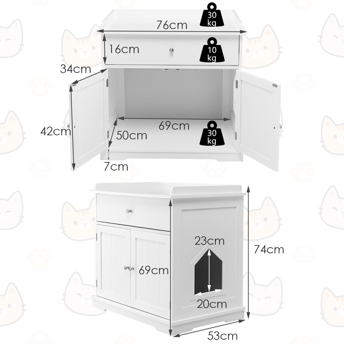 Modern White Cat Litter Box Cabinet with Drawer