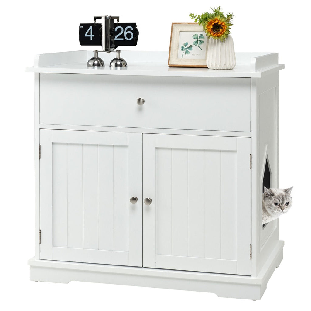 Modern White Cat Litter Box Cabinet with Drawer