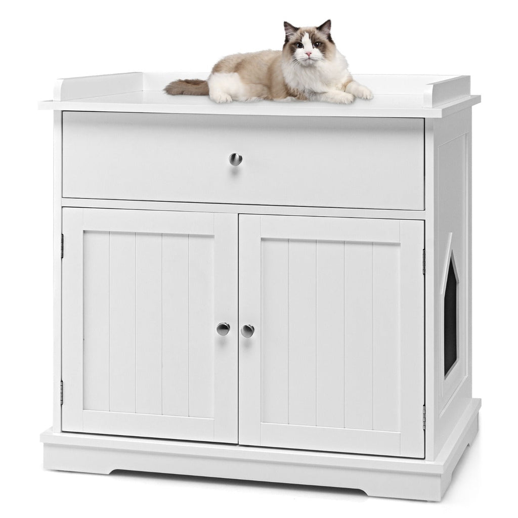 Modern White Cat Litter Box Cabinet with Drawer