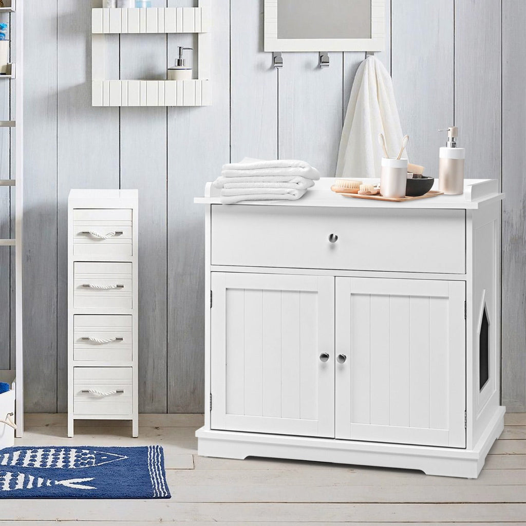 Modern White Cat Litter Box Cabinet with Drawer