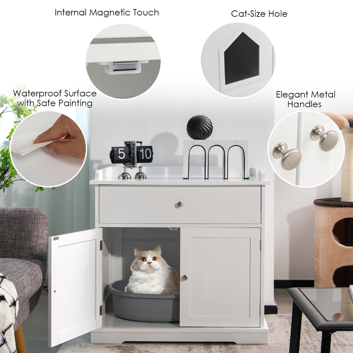 Modern White Cat Litter Box Cabinet with Drawer